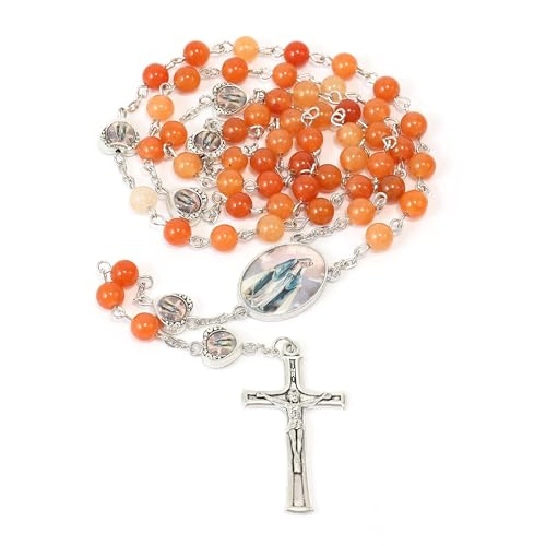 Nazareth Store Natural Stone Beads with Miraculous Epoxy Heart Metal Beads Rosary Necklace Gemstone Christian Gifts - color: Red Aventurine