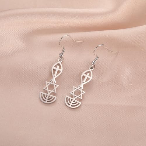 Messianic Seal Dangle Earrings Messianic Seal of Jerusalem Earrings Star of David,Ichthus with Cross,Menorah,Jewish Star Earrings Religious Hanukkah Jewelry Token of Prayer - color: silver