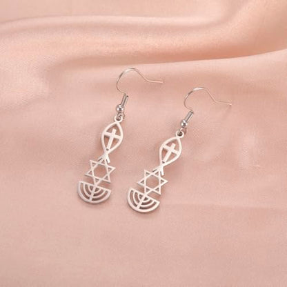 Messianic Seal Dangle Earrings Messianic Seal of Jerusalem Earrings Star of David,Ichthus with Cross,Menorah,Jewish Star Earrings Religious Hanukkah Jewelry Token of Prayer - color: silver