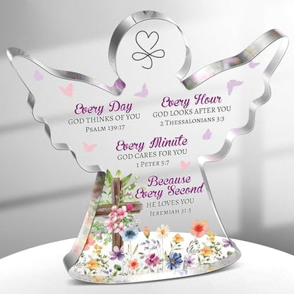 Gerrii Christian Gifts for Women Angels Figurines Inspirational Religious Gifts for Her Bible Verse Desk Decor Spiritual Acrylic Plaque Sign Decor for Birthday Holiday Mom Sister(Cross Butterfly) - style: Angel