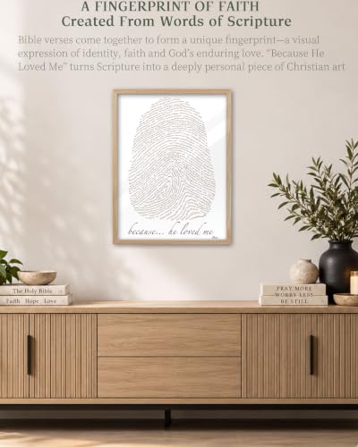iHery 12x16in Because He Loved Me Fingerprint Bible Verse Framed Wall Art - color: Beige Frame White Art, size: 16"L x 12"W