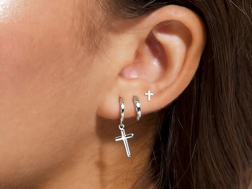 3Pairs Gold Cross Earrings for Women Hoops Huggie Earrings Stack Set - color: Silver-1
