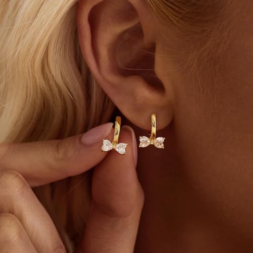 Dangle Earrings for Women, Dainty Huggie Hoop Dangle Earrings - color: Bow 01 Dangle Gold