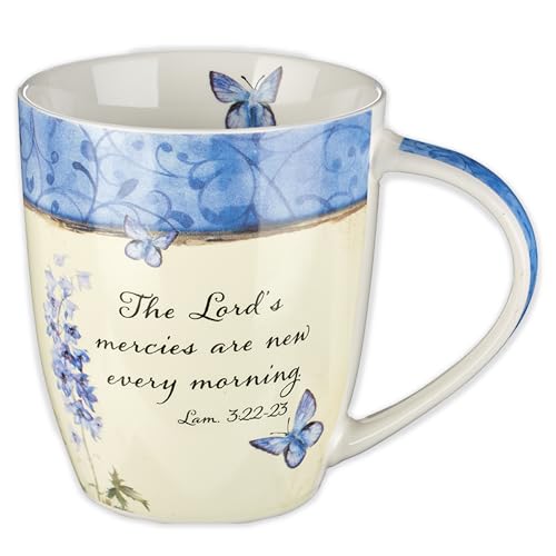 Christian Art Gifts Blue Butterfly Ceramic Coffee Mug – 12 oz. Microwave & Dishwasher-safe Inspirational Scripture Coffee & Tea Mug for Women with Bible Verse: The Lord's Mercies –Lamentations 3:22-23 - color: White & Blue Butterfly/Mercies are New