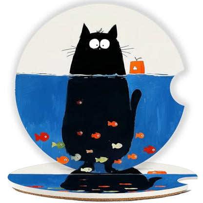 Ceramic Car Cup Holder Coasters Set of 2, 2.56 in Kitten Diving - color: Kitten Diving