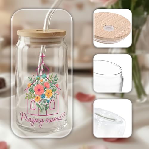 Praying Mama Floral Christian Glass Cups With Wood Lids And Straws, Women Of The Bible Glass Tumbler, Glass Can With Design, Mothers Day Gift Glass Cup, Bridal Party Gifts, Mom Iced Coffee Mug