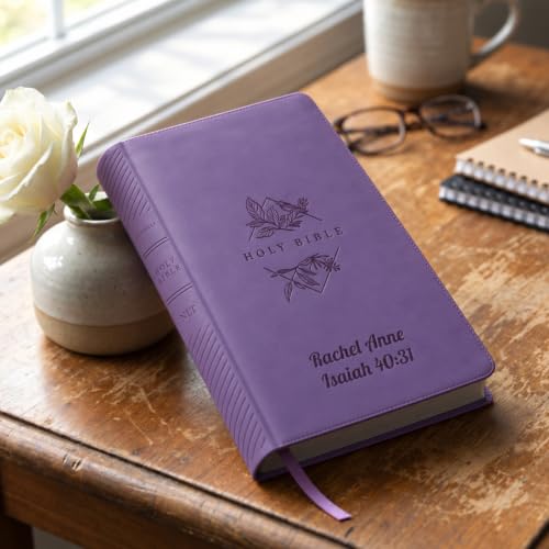 Printualist Personalized NLT Thinline Bible, Custom Engraved Name and Scripture Reference, New Living Translation Text, Botanical Faux Leather Christian Gift for Devotion and Church, Lavender - color: Lavender