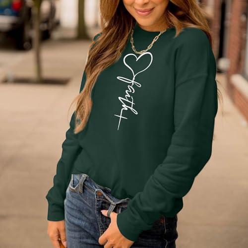 KIEKIECOO Faith Christian Sweatshirts for Women Religious Crewneck Sweatshirt Letter Print Fall Pullover Long Sleeve Tops - color: Green, size: X-Large