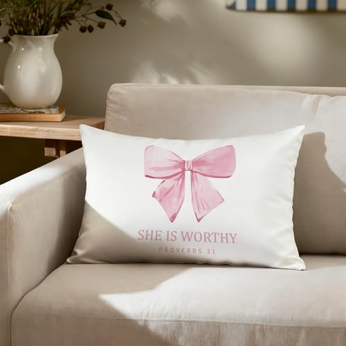 Pink Bow Christian Pillow Covers 12x20, Coquette Room Decor, Proverbs 31 Bible Verse Decorative Throw Pillow Covers Pillowcases for Girls Dorm Apartment Church - color: Pink Bible(white06）