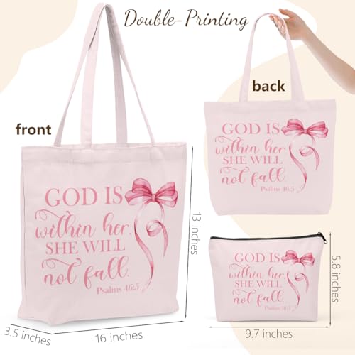 Christian Gifts for Women, Girls Preppy Bow Canvas Tote Bag Makeup Bag Set, Inspirational Bible Verse Religious Gifts Anniversary Nurse Mothers Day Reusable Grocery Bags Travel Cosmetic Bags - color: Christianbow11