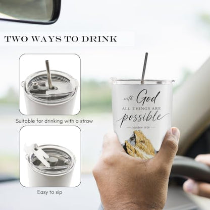 Christian Bible Verse 20oz Travel Coffee Mug Tumbler, Christian Religious Gifts for Women, with God All Things Are Possible Mountain Landscape Stainless Steel Tumbler with Lid and Straw - color: withgod