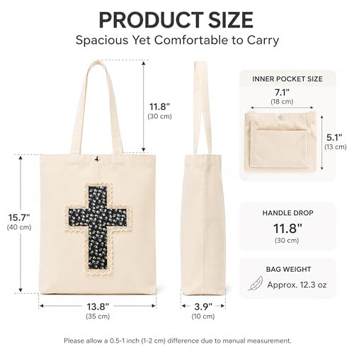 Christian Tote Bag Gift for Women, Canvas Bible Bag Handmade Floral Cross - color: Cream-black Ditsy Floral