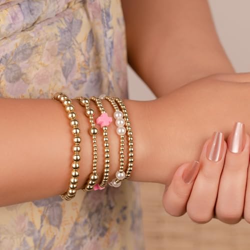 Gold Beaded Pearl Cross Bracelets Stackable Christian Stretch Jewelry Set - color: Hot Pink