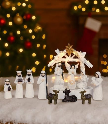 Christmas Nativity Scene Set 14 Piece Nativity Scene with Manger for Nativity Scene Indoor Decor Nativity Story Figures Nativity Set Decoration Mini Miniature Religious Christmas Holy Family Figurines - style: real person