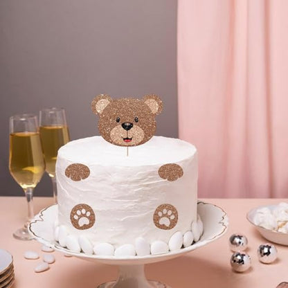 Bear Face Cake Topper, Bear Baby Shower Cake Decor, Brown Glitter Cute Animal Cake Topper for Boy, Beary First Birthday Party Decoration - style: Cute Bear