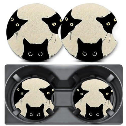 2 Pack Trio Cats Car Coasters for Cup Holder,Neoprene Anti Slip Mat - color: 3 Black Cats