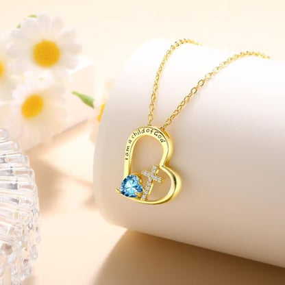 Birthstone Cross Necklace for Girls, Child of God Cross Gifts Jewelry - color: 03. March, style: 02. Yellow color