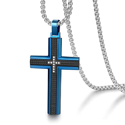 Men's Stainless Steel Cross Necklace,Two-Tone Black & Blue Carbon Fiber Pendant - Included Gift Box - style: Black & Blue XL002