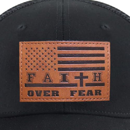 Leather American Flag Faith Over Fear Trucker Hats for Men Women, Adjustable Mesh Snapback Baseball Cap - color: Black