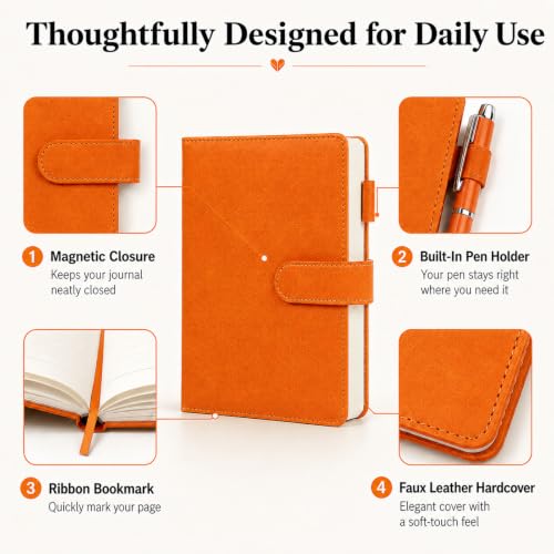A5 Leather Journal for Women Men, Hardcover Notebook Set with Pen, orange - color: orange