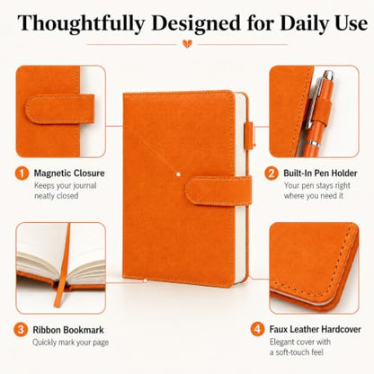 A5 Leather Journal for Women Men, Hardcover Notebook Set with Pen, orange - color: orange