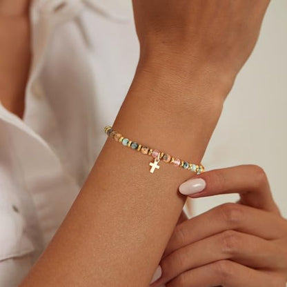 Btysun 𝑪𝒉𝒓𝒊𝒔𝒕𝒊𝒂𝒏 𝑮𝒊𝒇𝒕𝒔 𝒇𝒐𝒓 𝑻𝒆𝒆𝒏 𝑮𝒊𝒓𝒍𝒔, Religious Gifts for Women Stocking Stuffers Bead Bracelet with Cross Baptism Gift Jesus Bracelets Faith Comfirmation Gift Jewelry