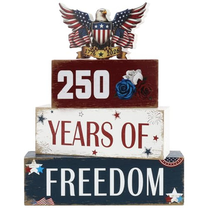 4 Pcs 250th Anniversary 4th of July Table Decorations Eagle Patriotic Wooden Block Signs Memorial Day Tiered Tray Decor Red White Blue Table Centerpieces Independence Day Decorations for Home Office Shelf - style: Eagle