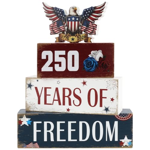 4 Pcs 250th Anniversary 4th of July Table Decorations Eagle Patriotic Wooden Block Signs Memorial Day Tiered Tray Decor Red White Blue Table Centerpieces Independence Day Decorations for Home Office Shelf - style: Eagle