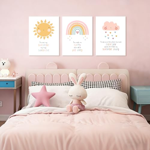 NCCXNCC 3Pcs Cute Pink Children's Bedroom Canvas Wall Art 12x16 Inch Frame - color: Rainbow Children's Room, size: 12×16inch