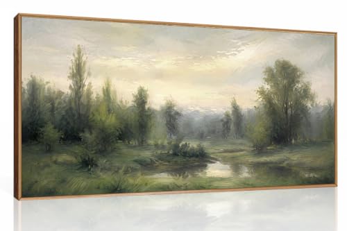 ANHUIB Abstract Monet Forest Canvas Wall Art 40x20 Inch Framed Sage Green Nature Painting Textured Neutral Woodland Landscape Artwork Prints Set of 3 Impressionist Pine Tree River Print for Living Room Bedroom Office - color: Abstract Monet Forest, size: