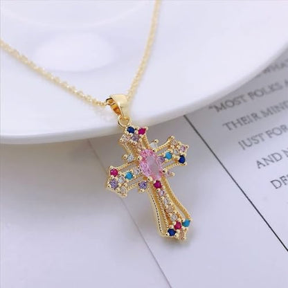Exquisite Stainless Steel Cross Necklaces,A Perfect Blend of Gothic Style and Christian Faith, Suitable for Men and Women, Fashionable Accessories, Hypoallergenic Material - color: Colorful