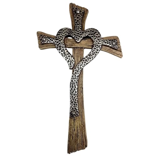 Rustic Resin Heart Cross Wall Decor – 12 1/2” Faux Wood and Hammered Metal Look Religious Wall Cross – Christian Home Decor Symbolizing Love and Faith – Farmhouse Style Wall Hanging Jesus Art Sculpture