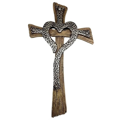 Rustic Resin Heart Cross Wall Decor – 12 1/2” Faux Wood and Hammered Metal Look Religious Wall Cross – Christian Home Decor Symbolizing Love and Faith – Farmhouse Style Wall Hanging Jesus Art Sculpture