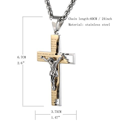 HZMAN Men's Stainless Steel Cross Crucifix Bible Prayer Pendant Necklace - color: Gold