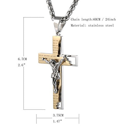 HZMAN Men's Stainless Steel Cross Crucifix Bible Prayer Pendant Necklace - color: Gold