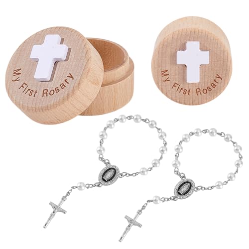 AHANDMAKER Baptism Gift Box, My First Blue Bracelets with Keepsake Box, Baptism Gifts Keepsake Cases with Light Blue Round Pearl Bracelets for Baby Birthday Baby Shower (White)