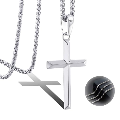 LOFITOR Mens Sterling Silver Cross Necklace for Women S925 Crucifix Pendant - size: 24 inches, style: Beveled Edge Cross Necklace