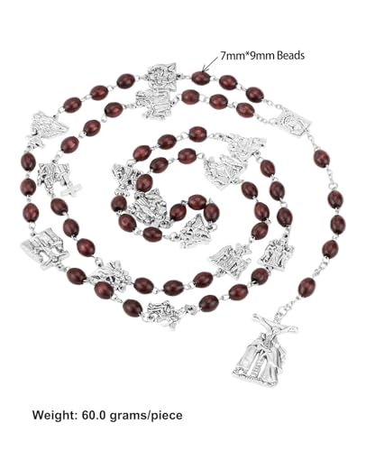 14 Stations of Cross Pendant Chaplet Rosary Necklace 7x9mm Wooden Prayer Beads Chain Sacraments Jewelry