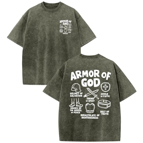 BINTEHGS Mens Oversized Christian Faith Shirt Armor of God Graphic Tee Vintage Religious Shirts Acid Wash Bible Verse T Shirt - color: Army Green, size: Small