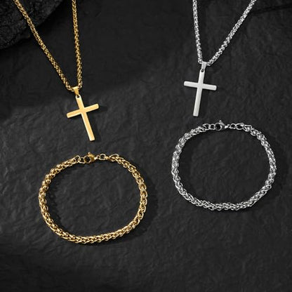 NORBU Stainless Steel Cross Necklace and Bracelet Set for Men, Cuban Link - color: Gold Wheat