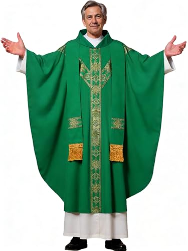 FAD-4U Church Catholic Priest Chasubles Vestments for Church Mass Vestments Robe with Stole - color: Green&gold