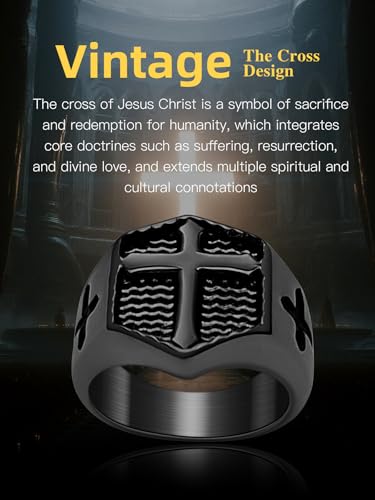 Christian Cross Rings for Men - Stainless Steel Jesus Jewelry with Celtic Knot Sides (Gold/Black/Silver) - Catholic Religious Gift, Size 7-13 - color: B-Black-Cross