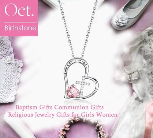 Birthstone Cross Necklace for Girls, Child of God Cross Gifts Jewelry - color: 10. October, style: 01. Silver