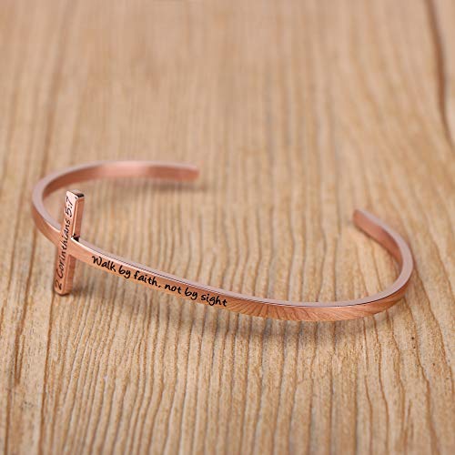 Memgift 𝐂𝐫𝐨𝐬𝐬 𝐁𝐫𝐚𝐜𝐞𝐥𝐞𝐭 Religious Cuff Bangle 𝐁𝐢𝐛𝐥𝐞 𝐕𝐞𝐫𝐬𝐞 Christian Gifts Jewelry for 𝐖𝐨𝐦𝐞𝐧 - style: Rose gold-Walk by faith, not by sight -2 Corinthians 5:7