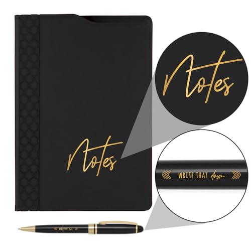 Canopy Street Black Notes Padfolio And Pen Set/Two Piece Journal Writing Stationery Set/Faux Leather Folio Notebook With Black And Gold Pen