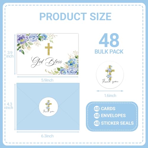 48 Pack Christian Thank You Cards, Watercolor Blue Floral Cross Baptism Thank You Cards with Envelopes & Stickers, VBS Thank You Cards First Communion & Religious Occasions - style: 48 Pcs - Blue Christian