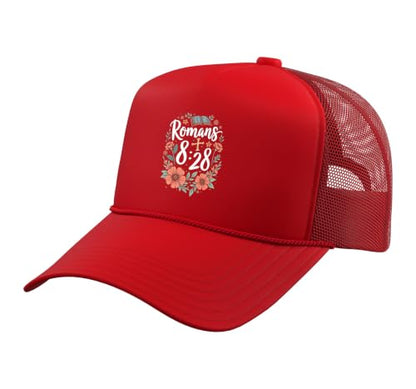 Romans 8:28 Bible Verse Flowers Cross Christian Women Trucker Hat with Adjustable Mesh Back - color: Red