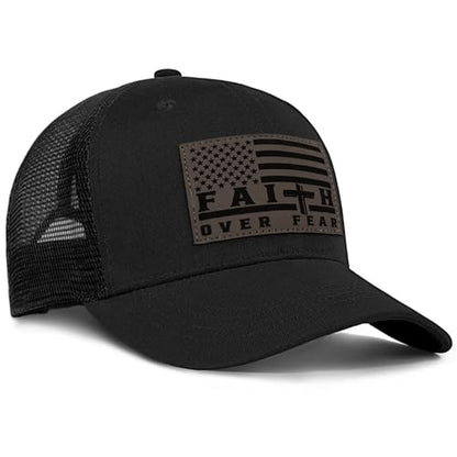 Faith Over Fear Christian Hats for Men Women, American Flag Trucker Hat, Religious Gifts for Thanksgiving Christmas - color: Black