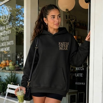 Wrenpies Faith Over Fear Hoodie for Women Christian Jesus Bible Verse Sweatshirt God Religious Oversized Tops - color: Black, size: Medium