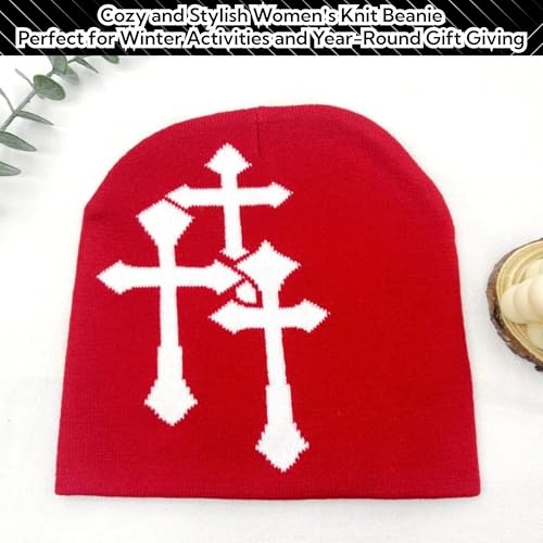 Fashion Knit Beanie with Cross Pattern Y2K Unisex Soft Jacquard Cap Popular Hip-Hop Cool Street Outdoor Sports Earflap Hat - color: Red